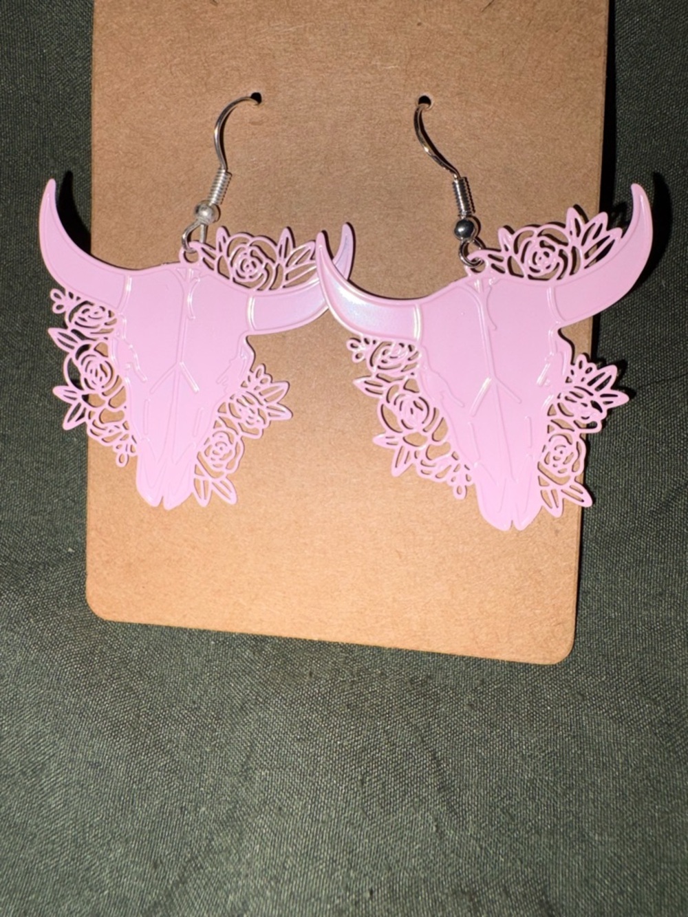 Pink Floral Bull Skull Dangle Earrings - Women Jewelry